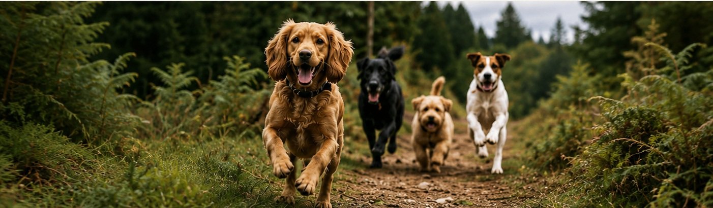 Dogs enjoying a woodland adventure